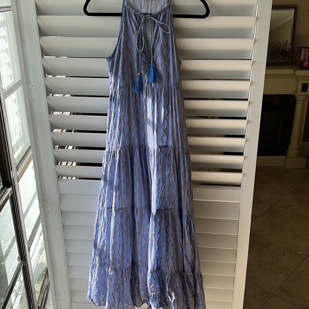 Oliphant Goegeous tiered maxi long dress blue and gold small